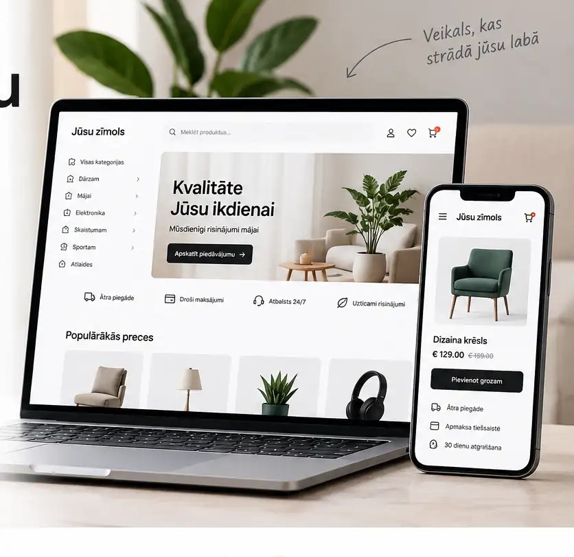 WooCommerce interneta veikala dizains datorā un mobilajā tālrunī